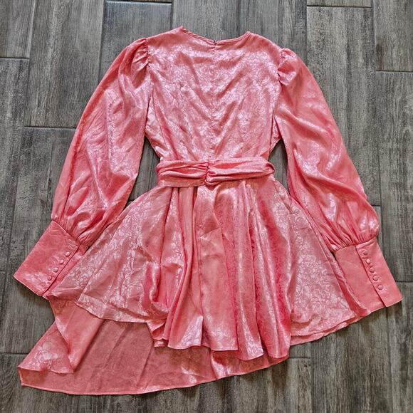 Vita Grace Pink Puff Sleeve Belted Mini Dress Women’s M Asymmetrical Hem Chic - Picture 8 of 14